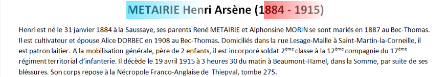 Mort METAIRIE Henri Arsene texte